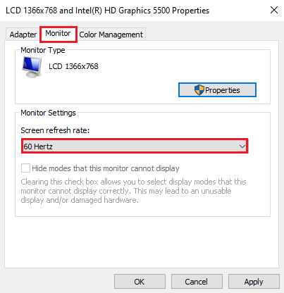 ไปที่แท็บ Monitor และคลิกที่อัตราการรีเฟรชที่ต้องการในเมนูดร็อปดาวน์ของอัตราการรีเฟรชหน้าจอ แก้ไข 144Hz ไม่แสดงใน Windows 10