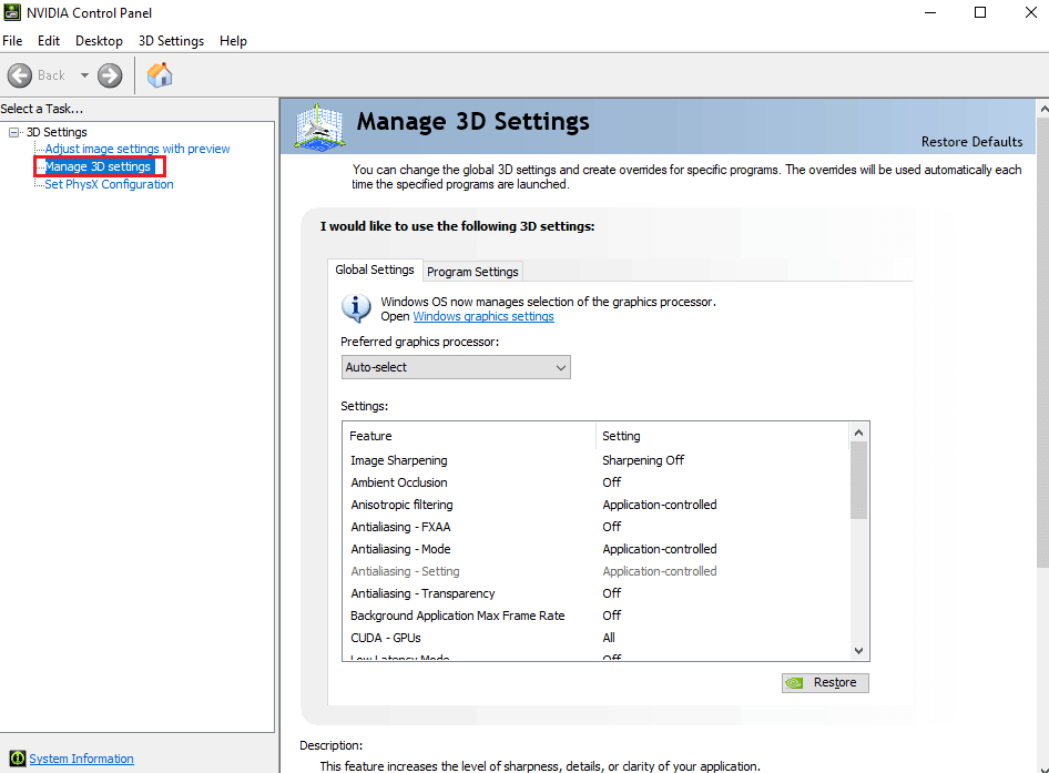 Seleccione Administrar configuración 3D. Arreglar Generation Zero que no se carga en Windows 10