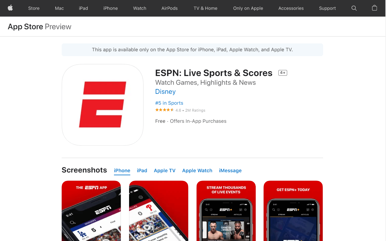 ESPN Live Sports and Scores. Las 50 mejores aplicaciones gratuitas para iPhone