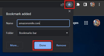 Setelah Anda berada di beranda, klik ikon bintang di bilah alamat browser Anda dan klik Selesai untuk menambahkan situs web amazon smile ke bilah bookmark Anda.