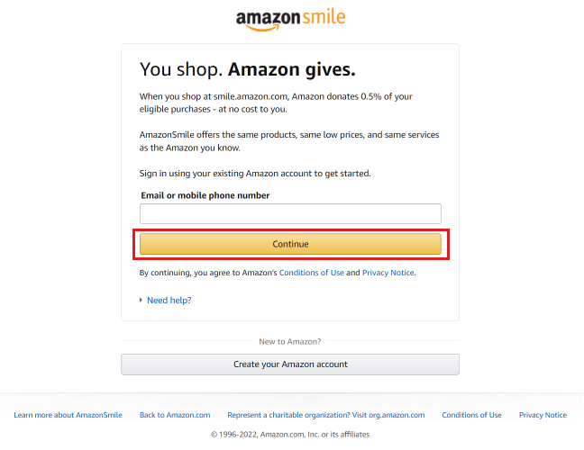 Entrez votre e-mail ou numéro de téléphone enregistré par Amazon et cliquez sur Continuer.