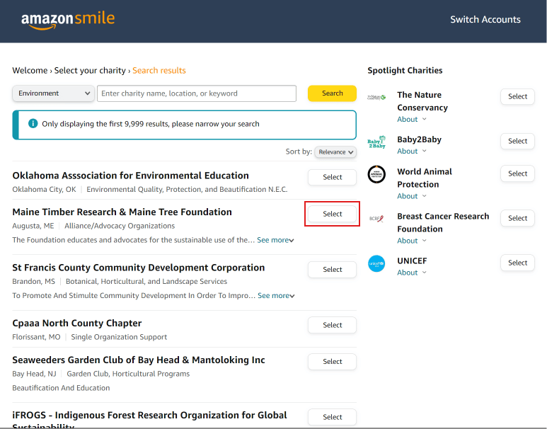 Clique em Selecionar para confirmar sua organização de caridade.