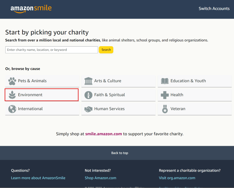 Fare clic su una qualsiasi categoria per selezionare dalle categorie disponibili | Come accedere al tuo account Amazon Smile