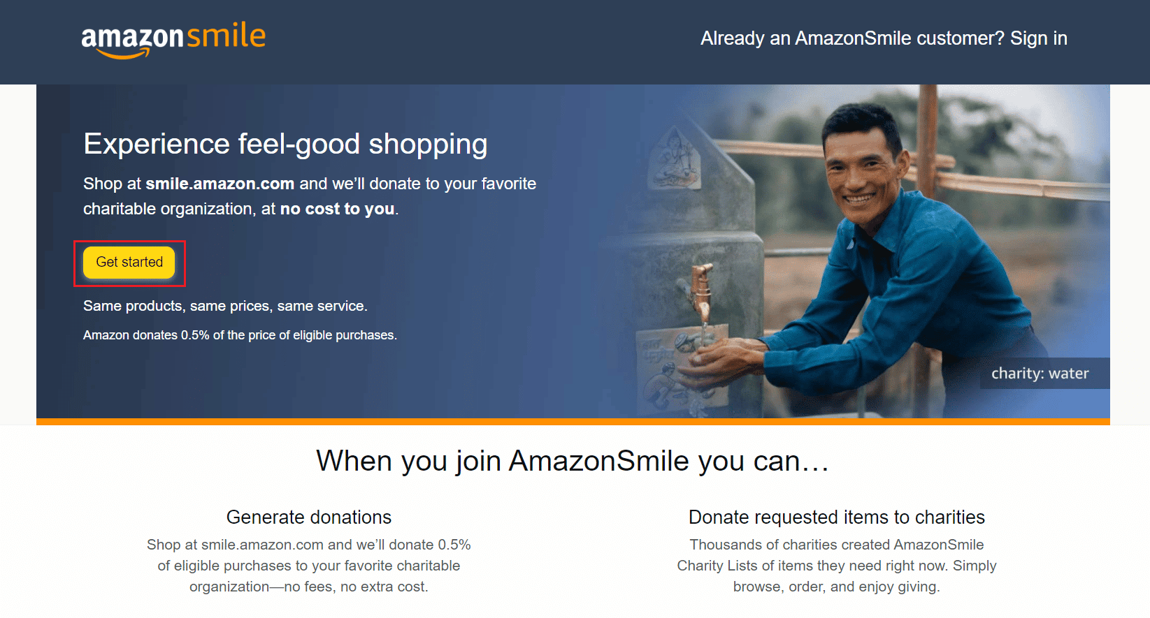 Situs web Amazon Smile - Klik Mulai | Cara Masuk ke Akun Amazon Smile Anda