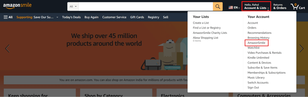 Plasați cursorul peste Cont și liste și faceți clic pe AmazonSmile. | Cum să vă conectați la contul Amazon Smile