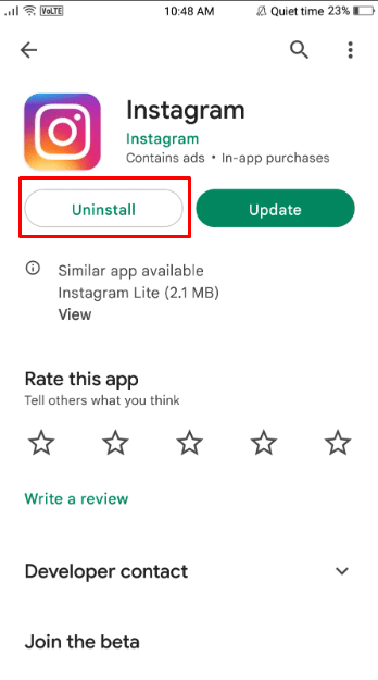 Appuyez ensuite sur le bouton Désinstaller pour désinstaller avec succès la version actuelle d'Instagram de votre téléphone.