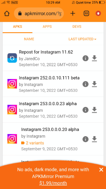 Sélectionnez maintenant la version que vous souhaitez télécharger. Vous pouvez le faire en sélectionnant une application avec un numéro de version inférieur à celui que vous trouvez sur la page Instagram de votre Play Store.