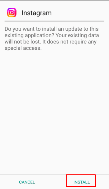然後選擇安裝選項以激活安裝過程，幾秒鐘後，您下載的 Instagram 應用程序版本將被安裝。