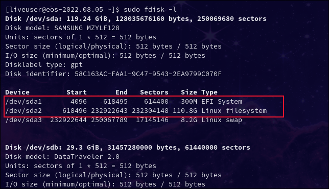 เอาต์พุตจากคำสั่ง sudo fdisk -l โดยไฮไลต์พาร์ติชันสำหรับบูตและรูทไว้