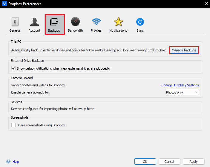 vaya al menú Copia de seguridad y haga clic en administrar copias de seguridad. Cómo resolver el error 413 de Dropbox com en Windows 10