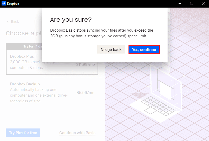 haga clic en el botón Sí continuar Dropbox