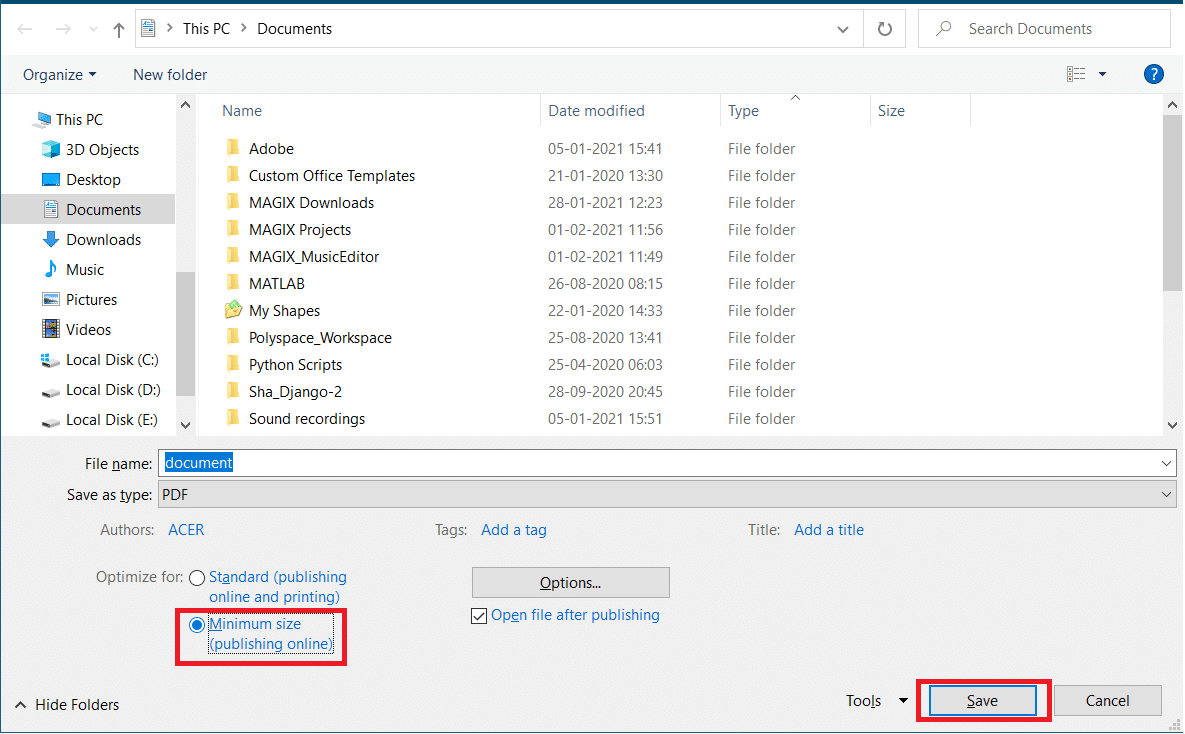 PDFサイズを減らすために最適化オプションで最小サイズを選択してください