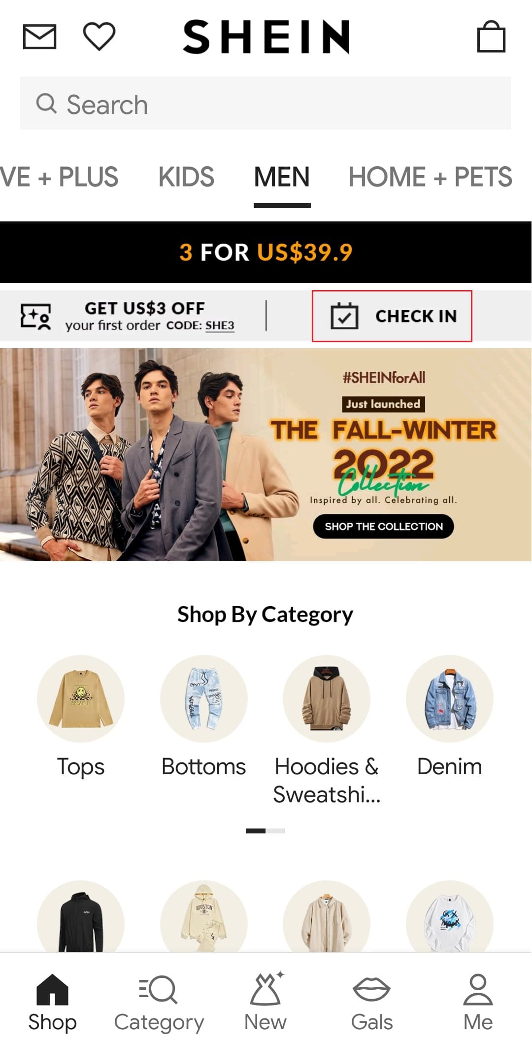 appuyez sur l'option CHECK IN dans l'application SHEIN