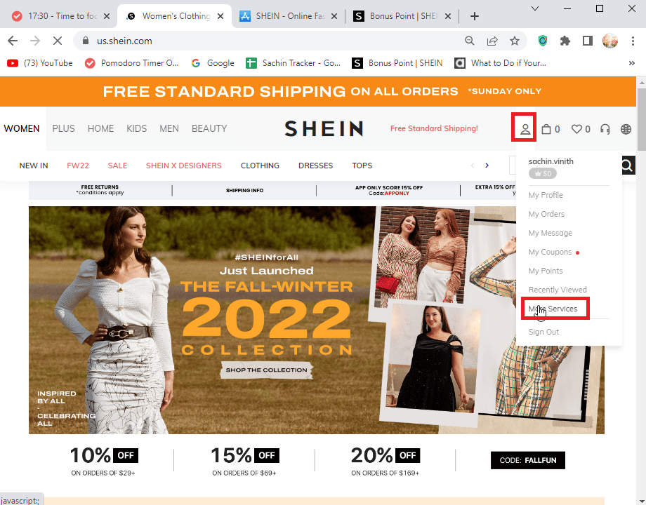 n プロフィール写真アイコンをクリックし、その他のサービスをクリックします。無料でSHEINポイントを獲得する方法