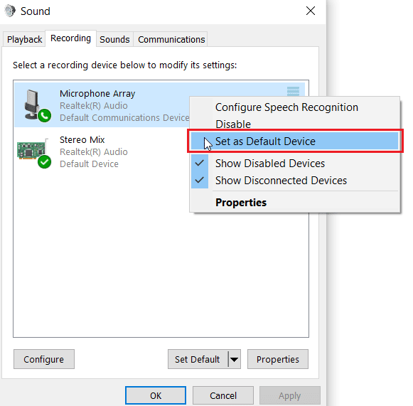 clique com o botão direito do mouse na matriz de microfones e clique em definir como dispositivo padrão