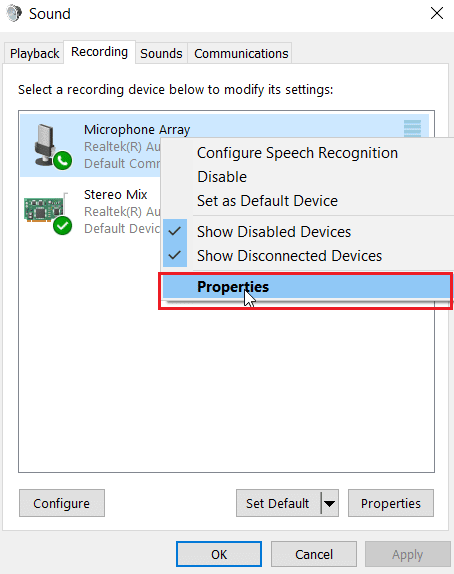 cliquez avec le bouton droit sur le microphone et cliquez sur les propriétés. Correction du casque SADES ne fonctionnant pas sous Windows 10