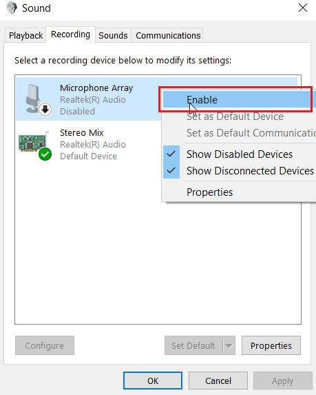 faites un clic droit sur le réseau de microphones et cliquez sur activer. Correction du casque SADES ne fonctionnant pas sous Windows 10