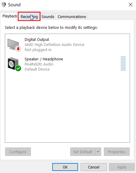 haga clic en la pestaña de grabación. Arreglar los auriculares SADES que no funcionan en Windows 10