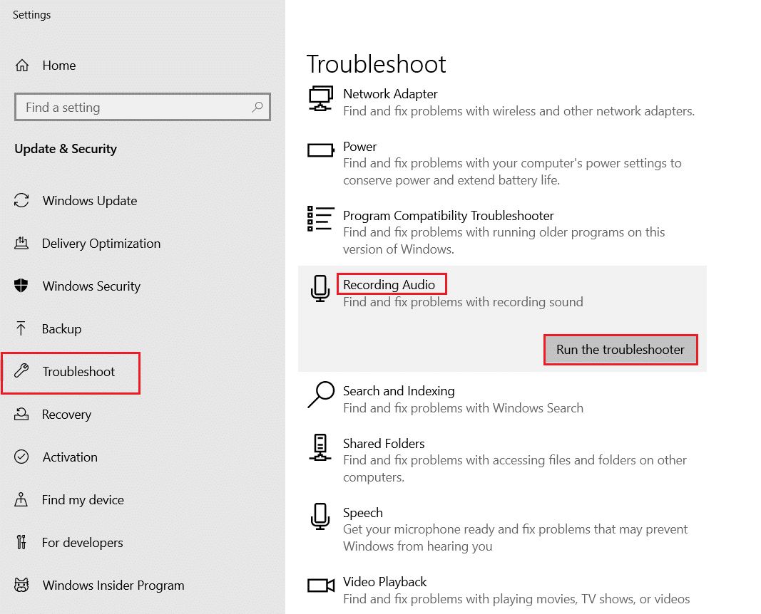 execute o solucionador de problemas para gravação de áudio nas configurações de solução de problemas