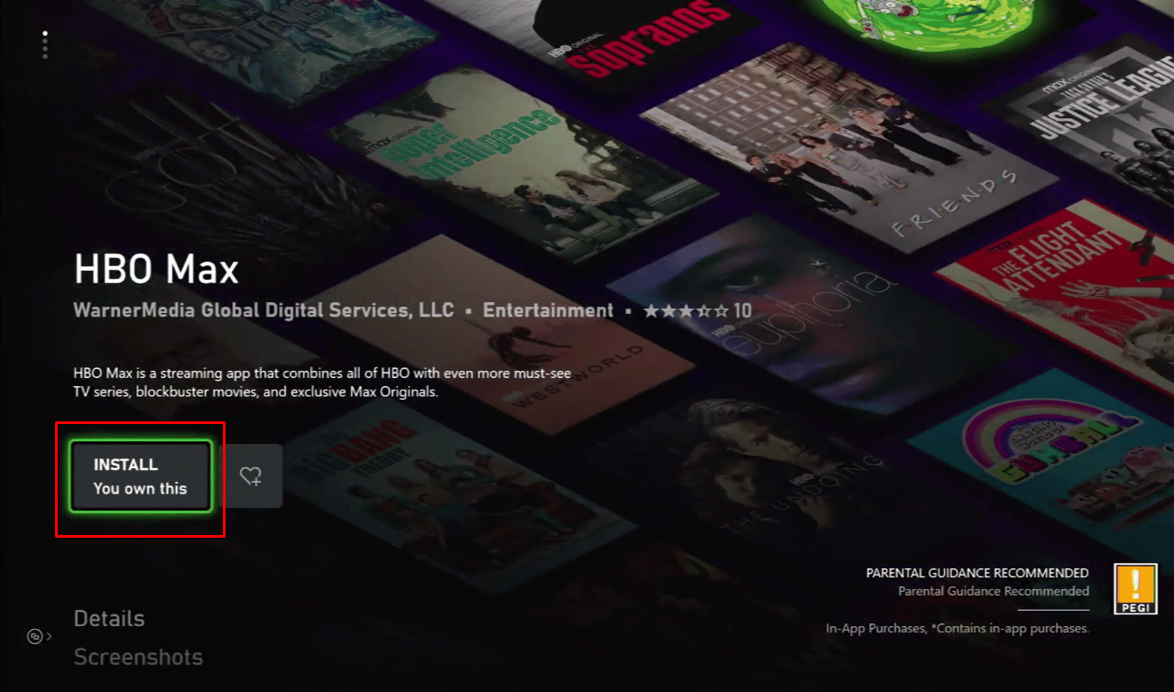 Seleccione y haga clic en el botón Instalar para descargar la aplicación HBO Max en su consola Xbox.