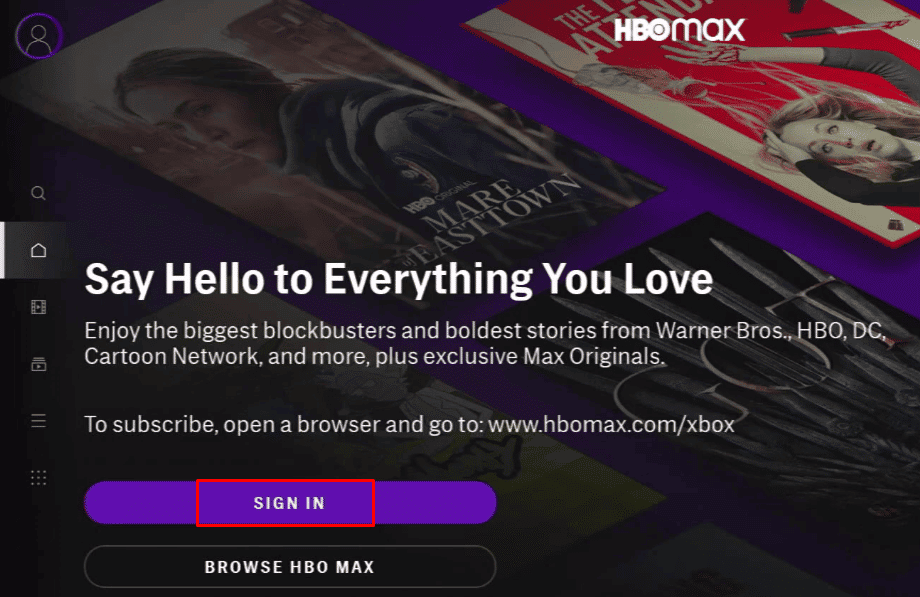 Selecione ENTRAR para fazer login na sua conta HBO Max usando as credenciais da sua conta