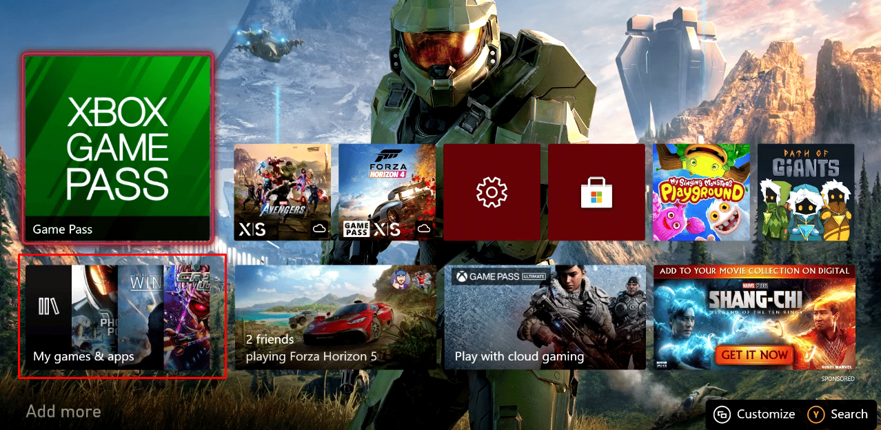 Ahora, encienda su consola Xbox y desde su pantalla de inicio de Xbox seleccione la opción Mis juegos y aplicaciones