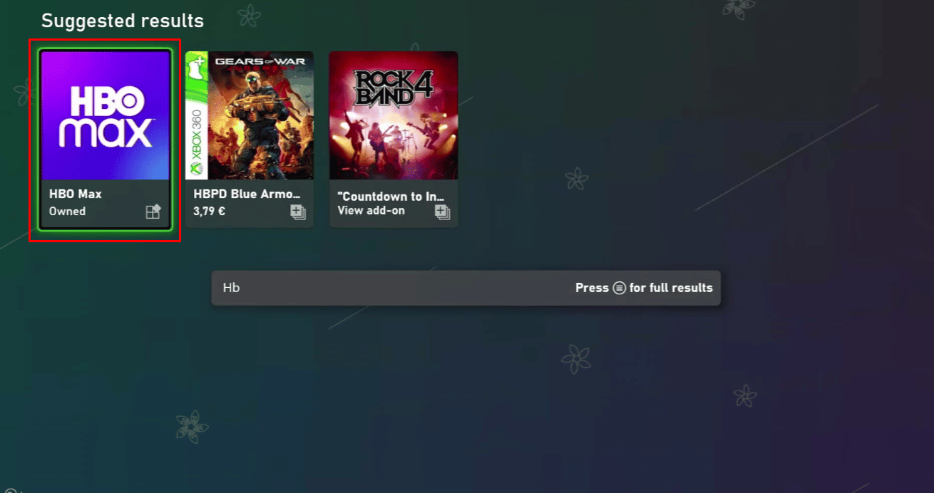 Agora, na barra de pesquisa, digite HBO Max usando o teclado virtual do Xbox e selecione a opção HBO Max nos resultados da pesquisa.