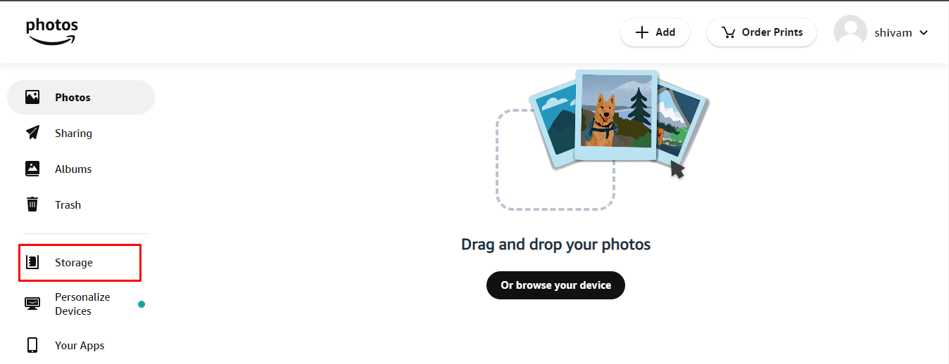 Haga clic en la opción Almacenamiento presente en el menú del lado izquierdo. | ¿Por qué desaparecieron tus fotos de Amazon?