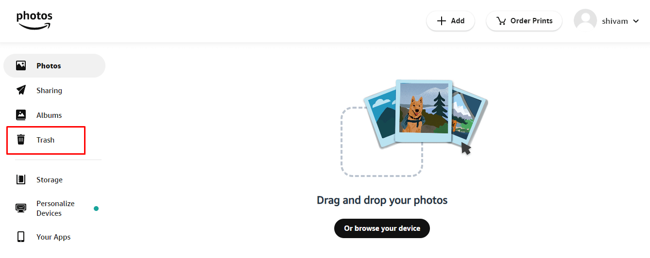 Haga clic en la opción Papelera presente en el menú del lado izquierdo. | ¿Por qué desaparecieron tus fotos de Amazon?