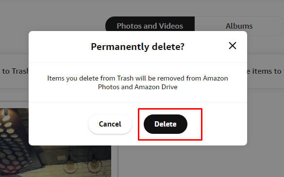 Haga clic en la opción Eliminar para eliminar finalmente las fotos de Amazon Photos.