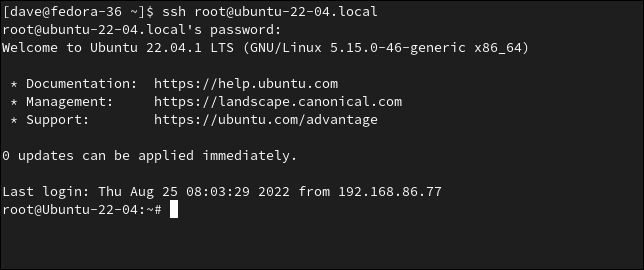 L'utilisateur root se connecte à un ordinateur distant à l'aide de SSH