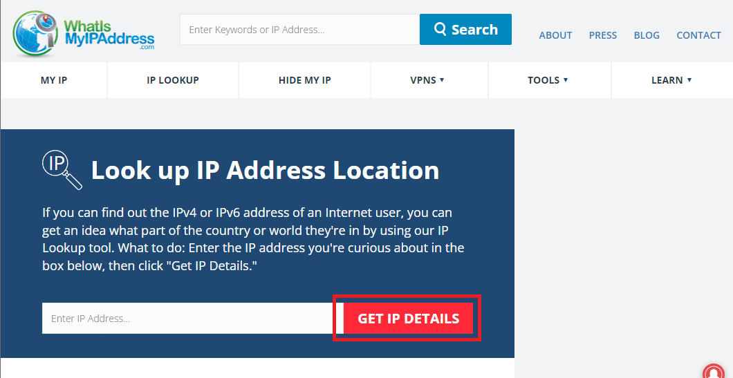 ป้อนที่อยู่ IP และคลิกที่ GET IP DETAILS