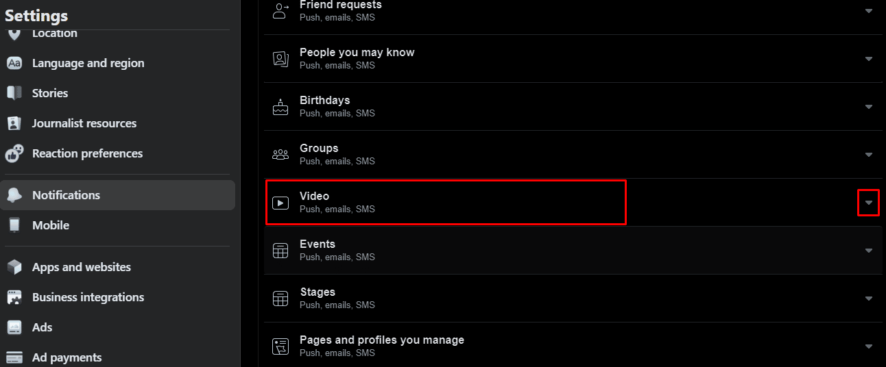 После того, как вы перешли на вкладку «Уведомления», прокрутите вниз и нажмите стрелку вниз рядом с параметром «Видео».