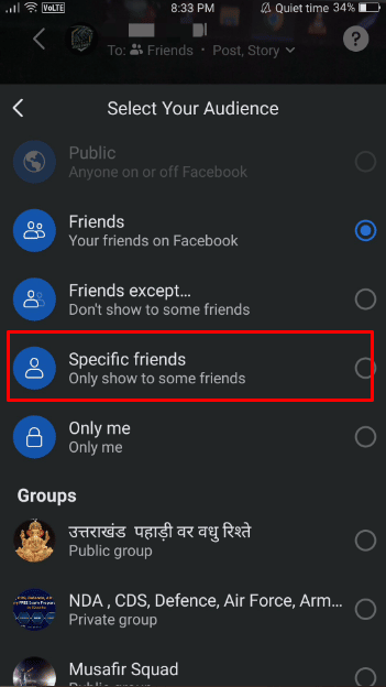 sélectionnez l'option Amis spécifiques et choisissez les utilisateurs souhaités avec lesquels vous souhaitez partager le flux en direct