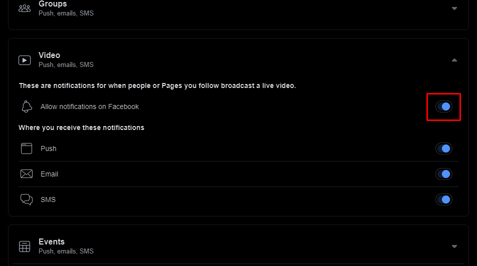 Luego cambie el interruptor a la posición de encendido junto a la opción Mostrar notificaciones en Facebook para optar por no recibir notificaciones de video en vivo en Facebook.