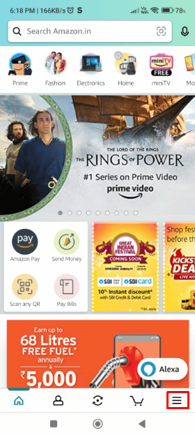 Certifique-se de estar conectado à sua conta Amazon e, em seguida, toque na opção Hambúrguer na barra de navegação inferior da tela do celular.