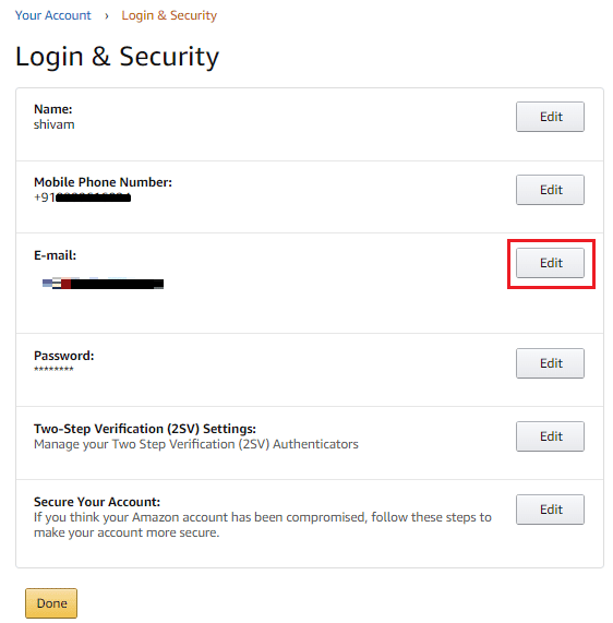 Faceți clic pe Editați lângă adresa dvs. de e-mail | Cum să schimbi e-mailul pe Amazon