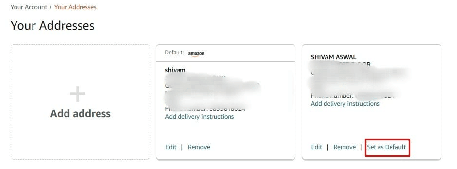 Agora, na lista de seus endereços adicionados, selecione o endereço que você deseja tornar o endereço principal e clique na opção Definir como padrão nesse endereço para alterá-lo para o padrão.
