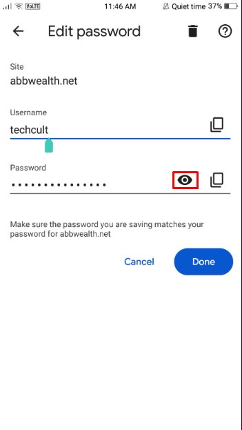 Quindi, per scoprire qual è la tua password per Facebook, tocca l'opzione dell'icona a forma di occhio accanto alla password. - Come modificare la password di Facebook senza la vecchia password? 4