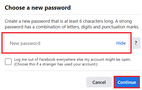 inserisci una Nuova password e clicca su Continua | Come eliminare l'account Facebook senza password