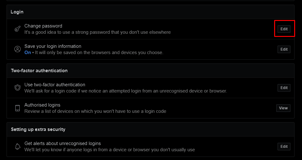 Ora fai clic sull'opzione Modifica accanto a Modifica password per modificare la password di Facebook. Come cambiare la password di Facebook senza la vecchia password? | recuperare la password di Facebook senza e-mail e numero di telefono