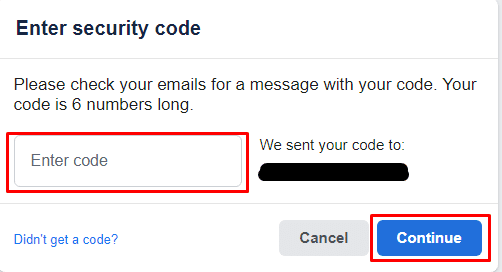 fare clic su Continua per ottenere un codice nell'e-mail collegata | recuperare la password di Facebook senza e-mail e numero di telefono