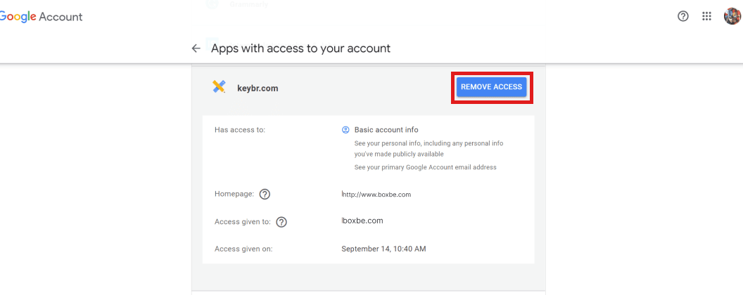 คลิกที่ Boxbe แล้วเลือก REMOVE ACCESS