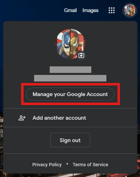 คลิกจัดการบัญชี Google ของคุณ