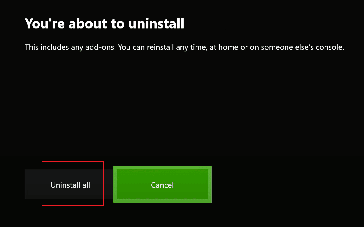 seleziona disinstalla tutte le opzioni nella console xbox