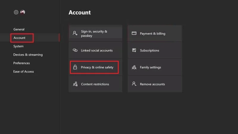 vaya a la cuenta y seleccione Privacidad y seguridad en línea. Arreglar el código de error de Roblox 103 en Xbox One