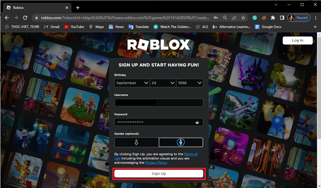 Clique no botão Sign Up para criar sua conta e siga as instruções na tela para verificar seus dados. Corrigir o código de erro 103 do Roblox no Xbox One