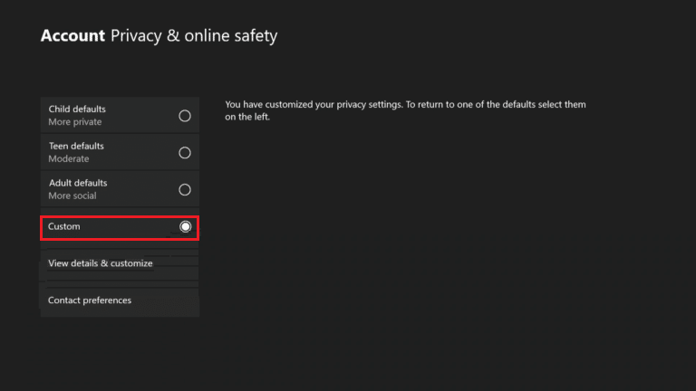 selectați opțiunea Personalizată în Confidențialitatea contului și siguranța online Xbox Console