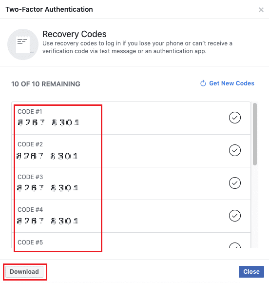 Anda akan melihat daftar Kode Pemulihan di popup. Anda dapat mengklik Unduh untuk menyimpan semua kode di perangkat Anda