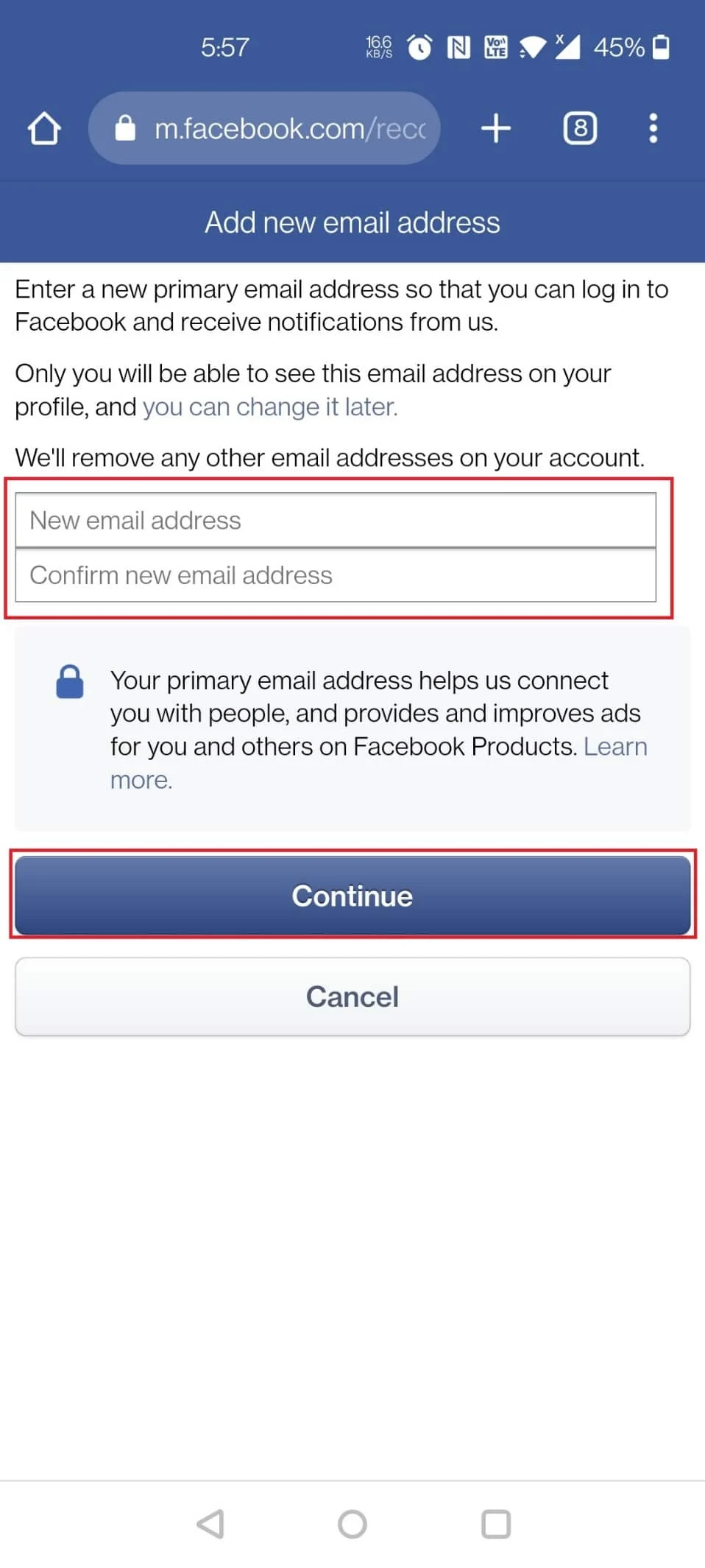 ketik alamat email baru Anda dua kali dan ketuk Lanjutkan | Cara Mengubah Nomor Telepon di Facebook